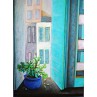 Blauer Topf am Fenster, 97 x 138 cm, Acryl auf Stoff